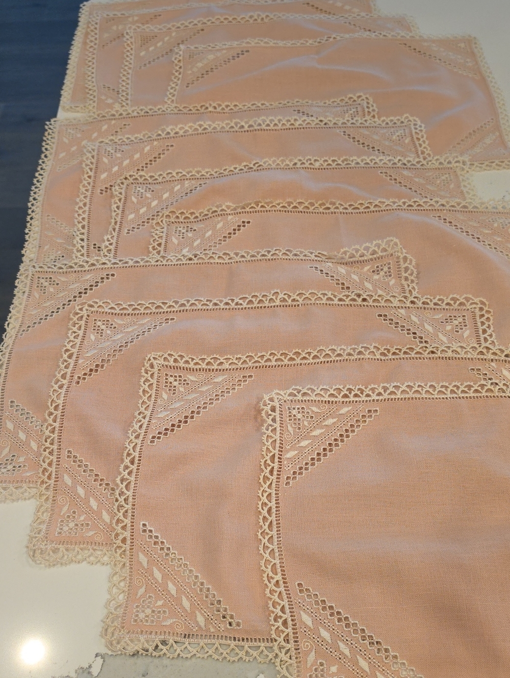 Vintage Peach/Pink/Blush Linen Madeira Style Embroidered Lace Placemats Set/12